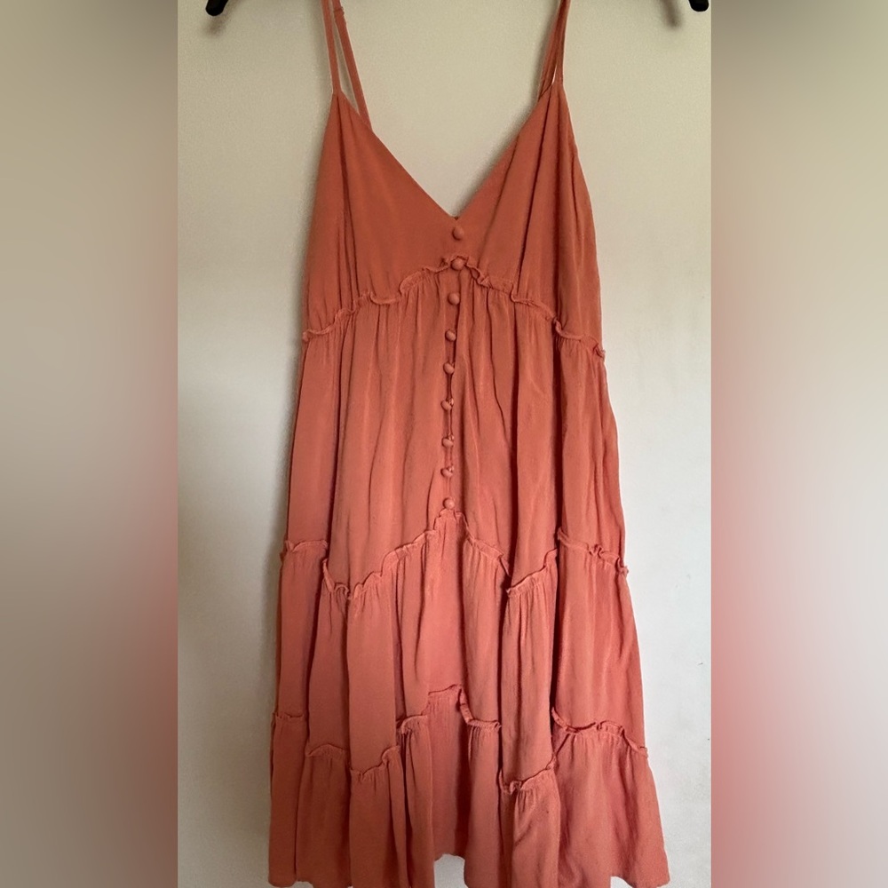 New KanCan Peach, Spaghetti Strap, V Neck, Buttons and Ruffled Summer Dress